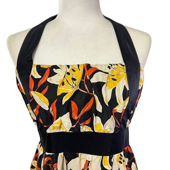 Moulinette Soeurs* Black & Yellow Small Silk Floral Print Halter Neck A-Line Dre - Picture 12 of 13
